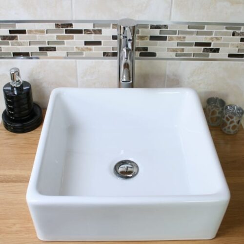 Square White Ceramic Bathroom Basin on Oak Top - Closeup