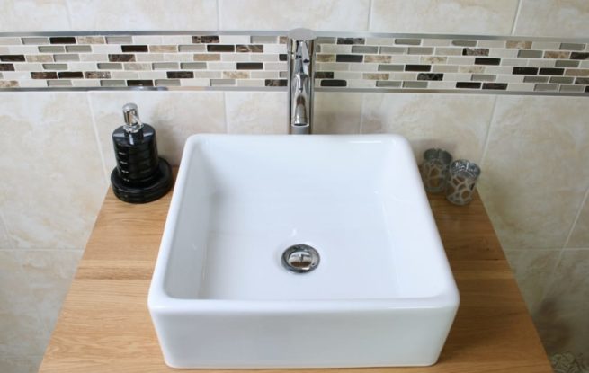 Square White Ceramic Bathroom Basin on Oak Top - Closeup