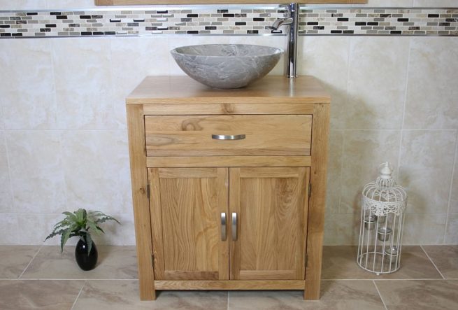 Front View of Grey Marble Basin on Oak Top Vanity Unit