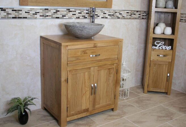 Side View of Grey Marble Basin on Single Oak Top Vanity Unit