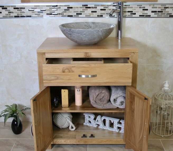 Grey Marble Basin on Oak Top Vanity Unit - Showing Storage