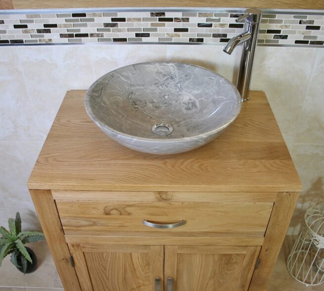 Above View of Grey Marble Basin on Oak Top Vanity Unit