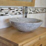 Close-up Side View of Grey Marble Basin on Oak Top Vanity Unit