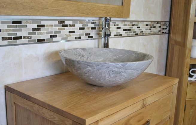 Close-up Side View of Grey Marble Basin on Oak Top Vanity Unit