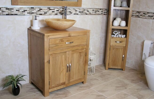 Far Side View of Onyx Basin on Oak Top Vanity Unit