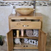 Onyx Bathroom Basin on Oak Top Vanity Unit - Showing Storage