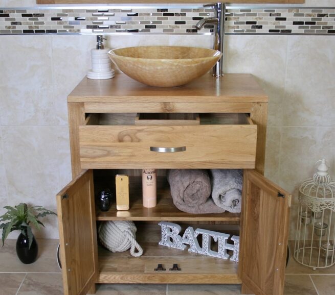 Onyx Bathroom Basin on Oak Top Vanity Unit - Showing Storage