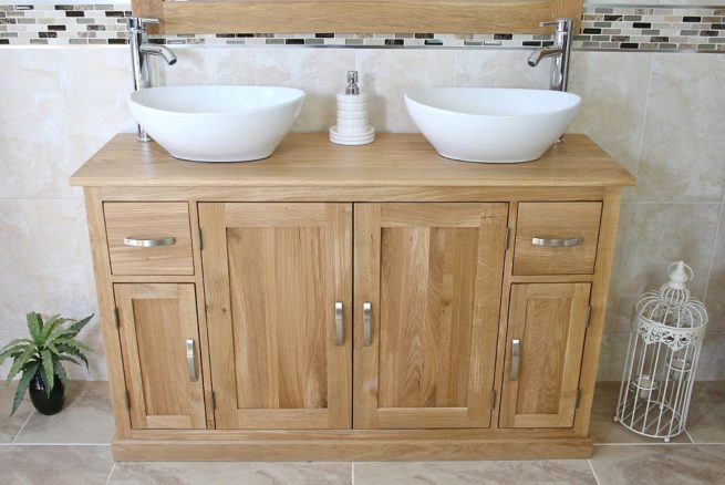 White Ceramic Oval Basins on Oak Topped Bathroom Vanity Unit