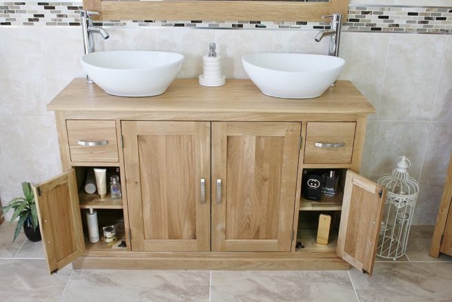 Oval Ceramic White Basins on Oak Topped Vanity with Opened Corner Storage Doors