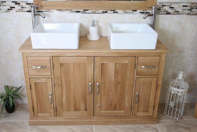 Two White Ceramic Square Basins on Oak Top Vanity Unit