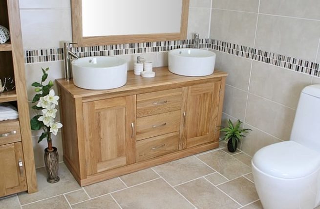 Twin Round Ceramic Basins on Oak Top Double Basin Unit