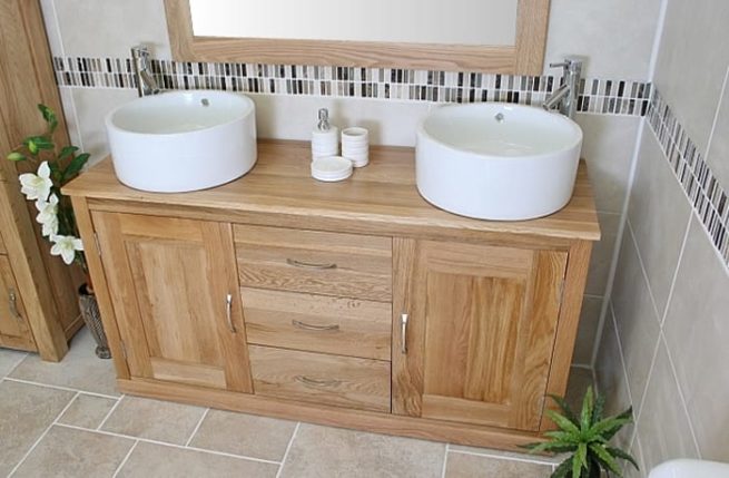 Ceramic Basins - Double Basin Oak Top Vanity Unit