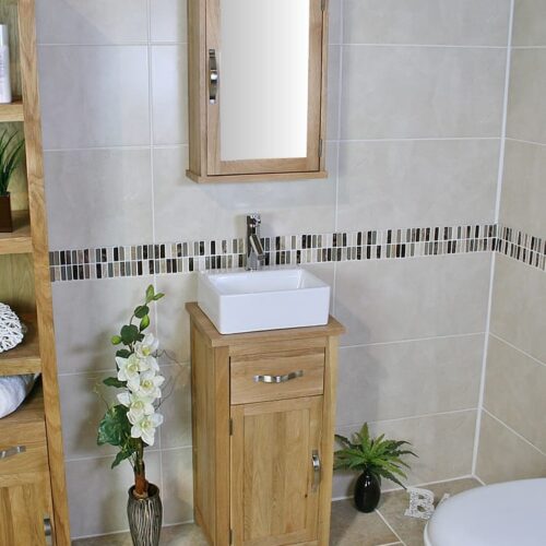 Side View of Ceramic Rectangle Basin on Small Oak Top Vanity Unit