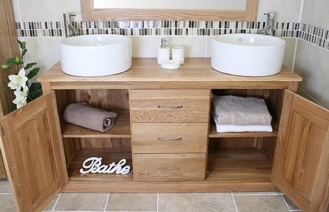 Large Oak Bathroom Storage Unit and Ceramic Basins