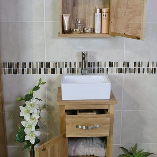Ceramic Rectangle Basin on Small Oak Top Vanity Unit - Showing Storage