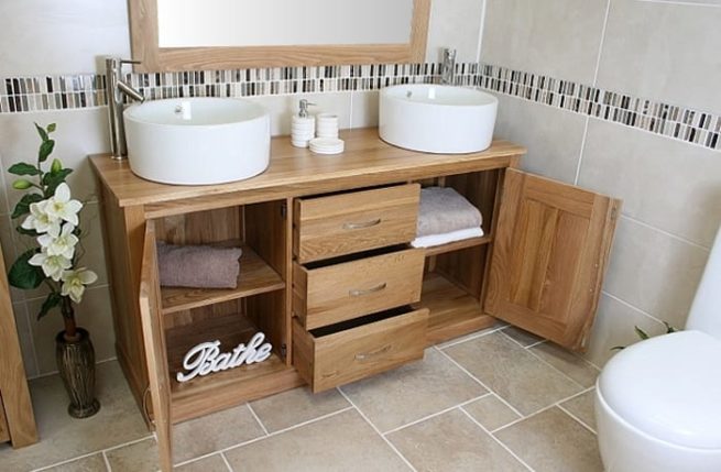 Open Oak Storage Unit and Large Ceramic Bathroom Basins