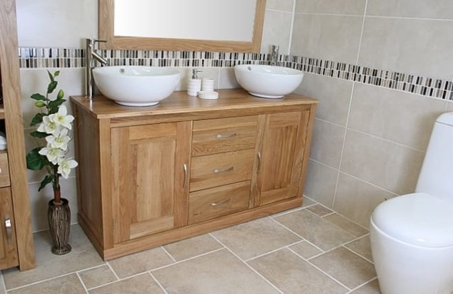 Large Twin Ceramic Basins Oak Top Vanity Unit