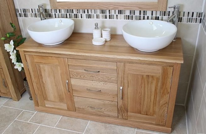 Twin Round Ceramic Basin Oak Top Vanity Unit