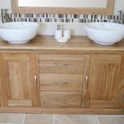 Front View of Two Round Basins on Oak Top Vanity Unit