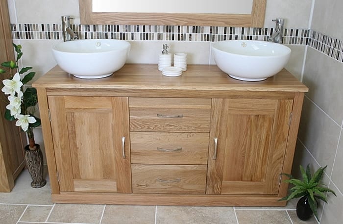 Front View of Two Round Basins on Oak Top Vanity Unit