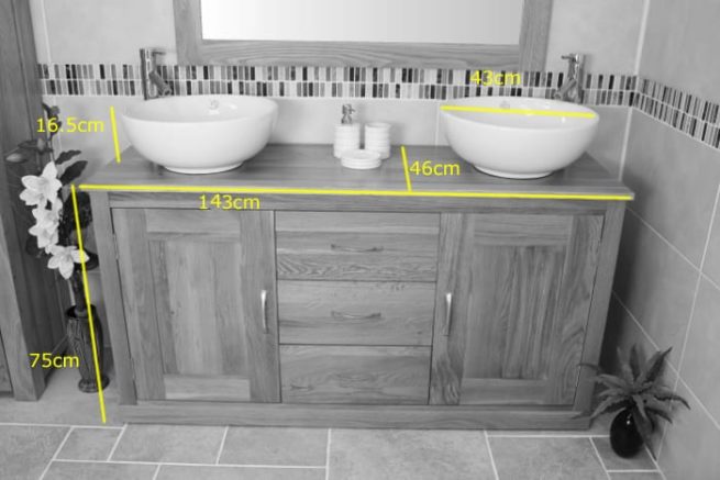 Twin Round Ceramic Basin Oak Top Vanity Unit Measurements