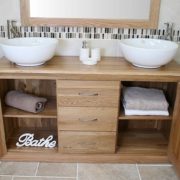 Twin Round Ceramic Basins on Oak Top Vanity Unit Front View with Open Shelves