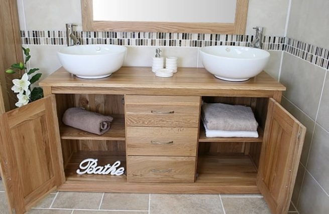 Twin Round Ceramic Basins on Oak Top Vanity Unit Front View with Open Shelves
