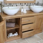 Twin Round Ceramic Basin Oak Top Vanity Unit With Storage