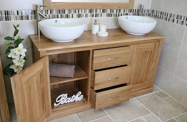 Twin Round Ceramic Basin Oak Top Vanity Unit With Storage