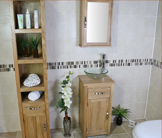 Glass Basin on Single Oak Top Vanity Unit With Oak Mirror Cabinet & Tall Oak Storage Unit