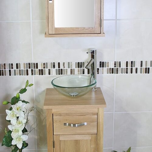 Glass Basin on Single Oak Top Vanity Unit with Oak Mirror Cabinet