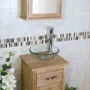 Side View of Glass Basin on Compact Oak Top Vanity Unit with Oak Mirror Cabinet