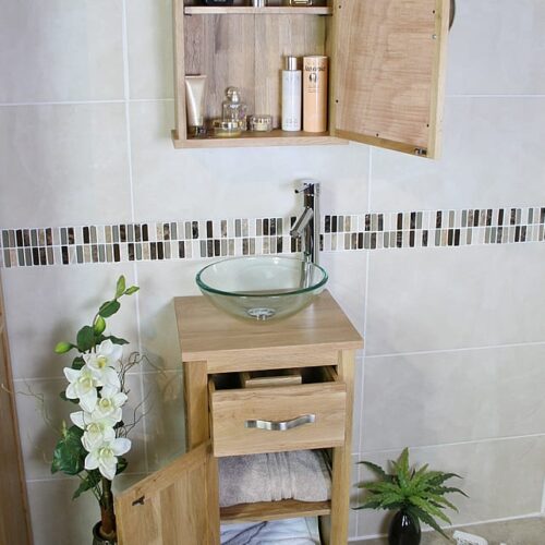 Glass Basin on Compact Oak Top Vanity Unit with Oak Mirror Cabinet - Showing Storage