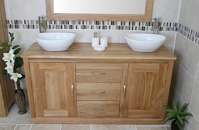 Stunning Large Oak Top Vanity Unit with Double Oval Ceramic Basins