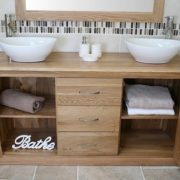 Large Oak Top Vanity Unit with Twin Oval Ceramic Basins with Open Shelves