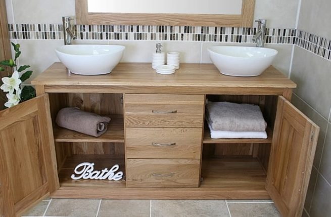 Large Oak Top Vanity Unit with Twin Oval Ceramic Basins with Open Shelves