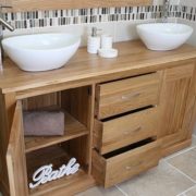Solid Double Ceramic Oval Basins Oak Top Vanity unit with Storage