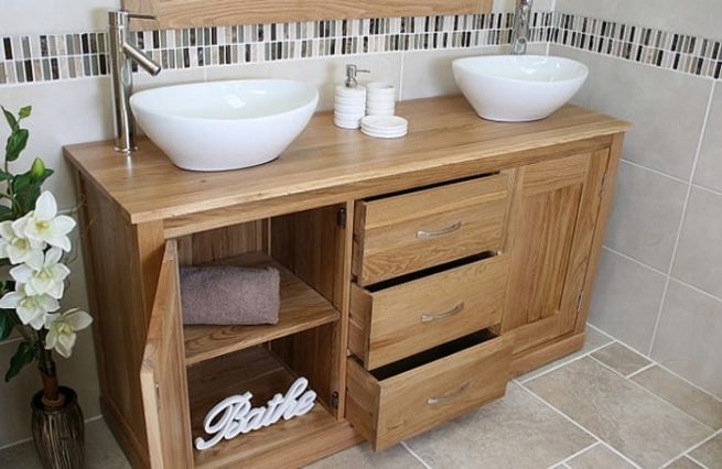 Solid Double Ceramic Oval Basins Oak Top Vanity unit with Storage