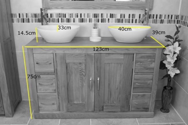 White Oval Ceramic Basins on Double Oak Vanity Unit -Dimensions