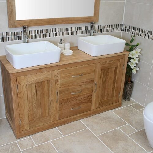 Large Double Rectangle Ceramic Basin Oak Top Vanity Unit