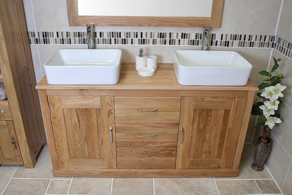 Oak Top Vanity Unit With Two Rectangle Ceramic Basins