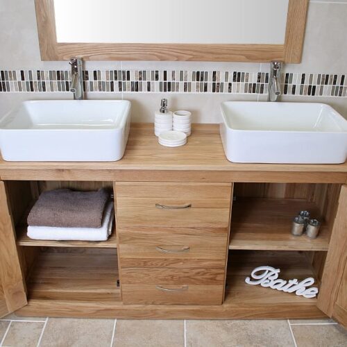 Double Rectangle Ceramic Basins Oak Top Vanity Unit with Storage