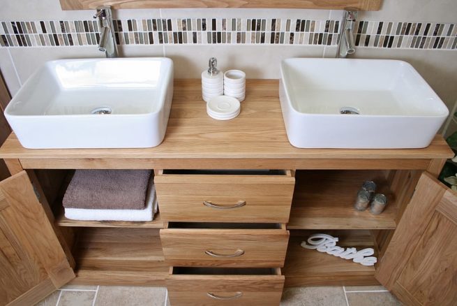 Above View of Two Rectangle Ceramic Basins on Oak Top Vanity Unit