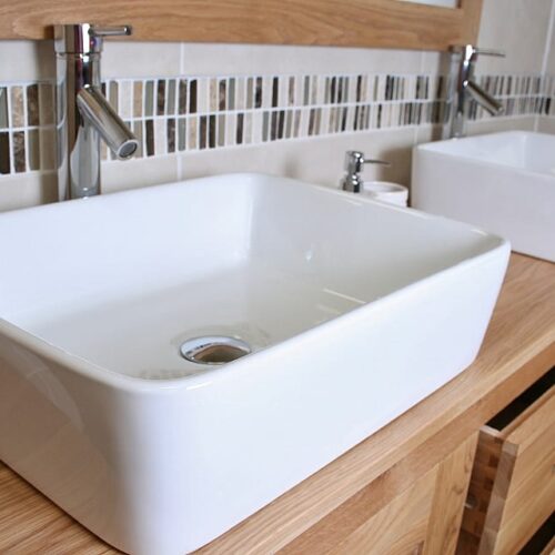 Side View of Two Rectangle Ceramic Basins on Oak Top Vanity Unit