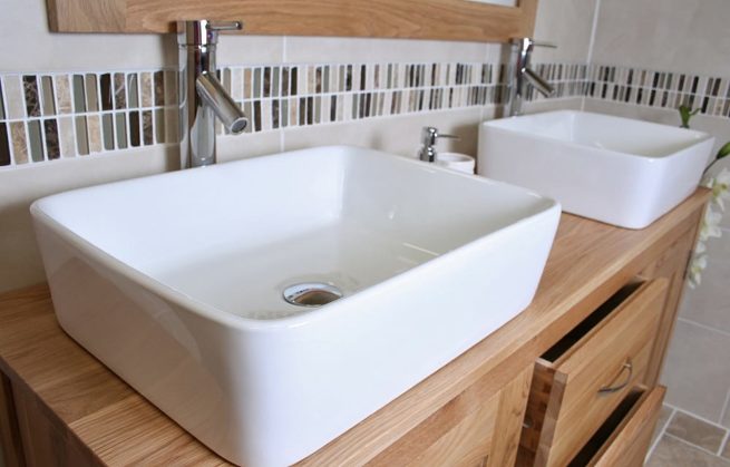 Side View of Two Rectangle Ceramic Basins on Oak Top Vanity Unit