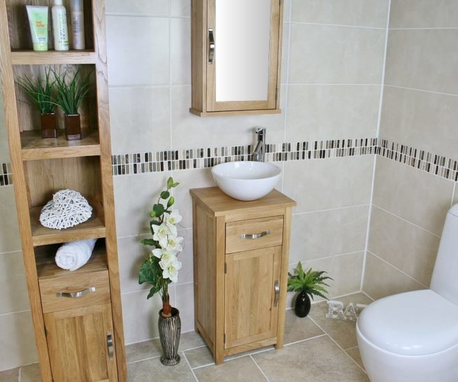 Round Ceramic Basin on Compact Oak Top Vanity Unit