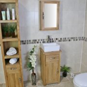 Far View of Ceramic Rectangle Basin on Compact Oak Top Vanity Unit