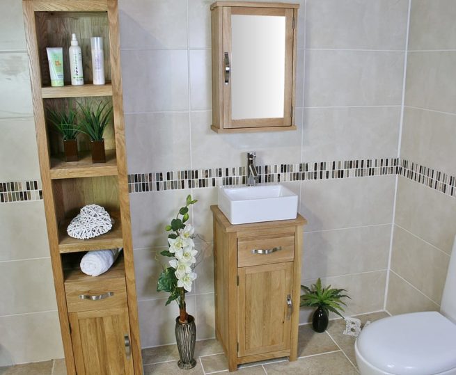 Far View of Ceramic Rectangle Basin on Compact Oak Top Vanity Unit