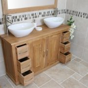 Two Oval White Ceramic Basins on Large Oak Top Vanity Unit with Open Drawers