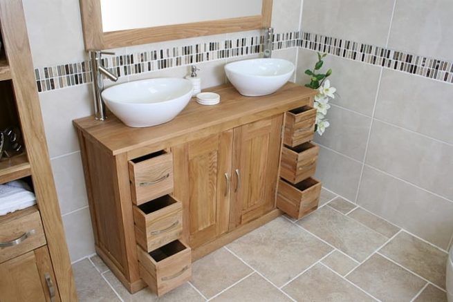 Two Oval White Ceramic Basins on Large Oak Top Vanity Unit with Open Drawers